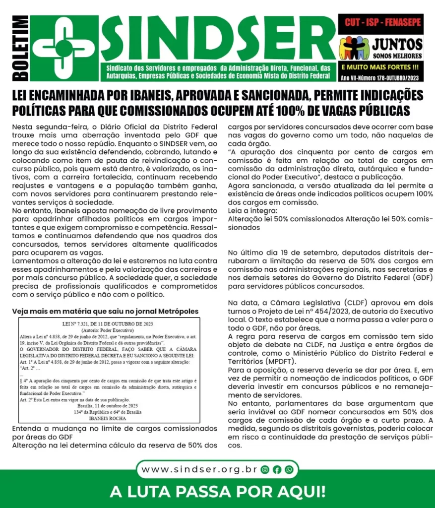 Lei encaminhada por Ibaneis, aprovada e sancionada, permite indicações políticas para que comissionados ocupem até 100% de vagas públicas